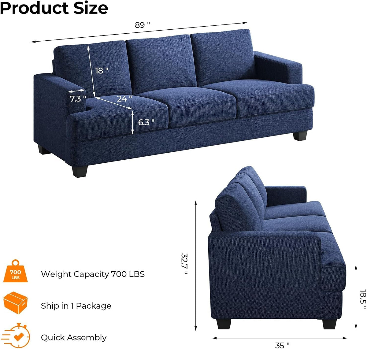 89 Inch 3-Seater Modern Navy Blue Sofa with Deep Seats