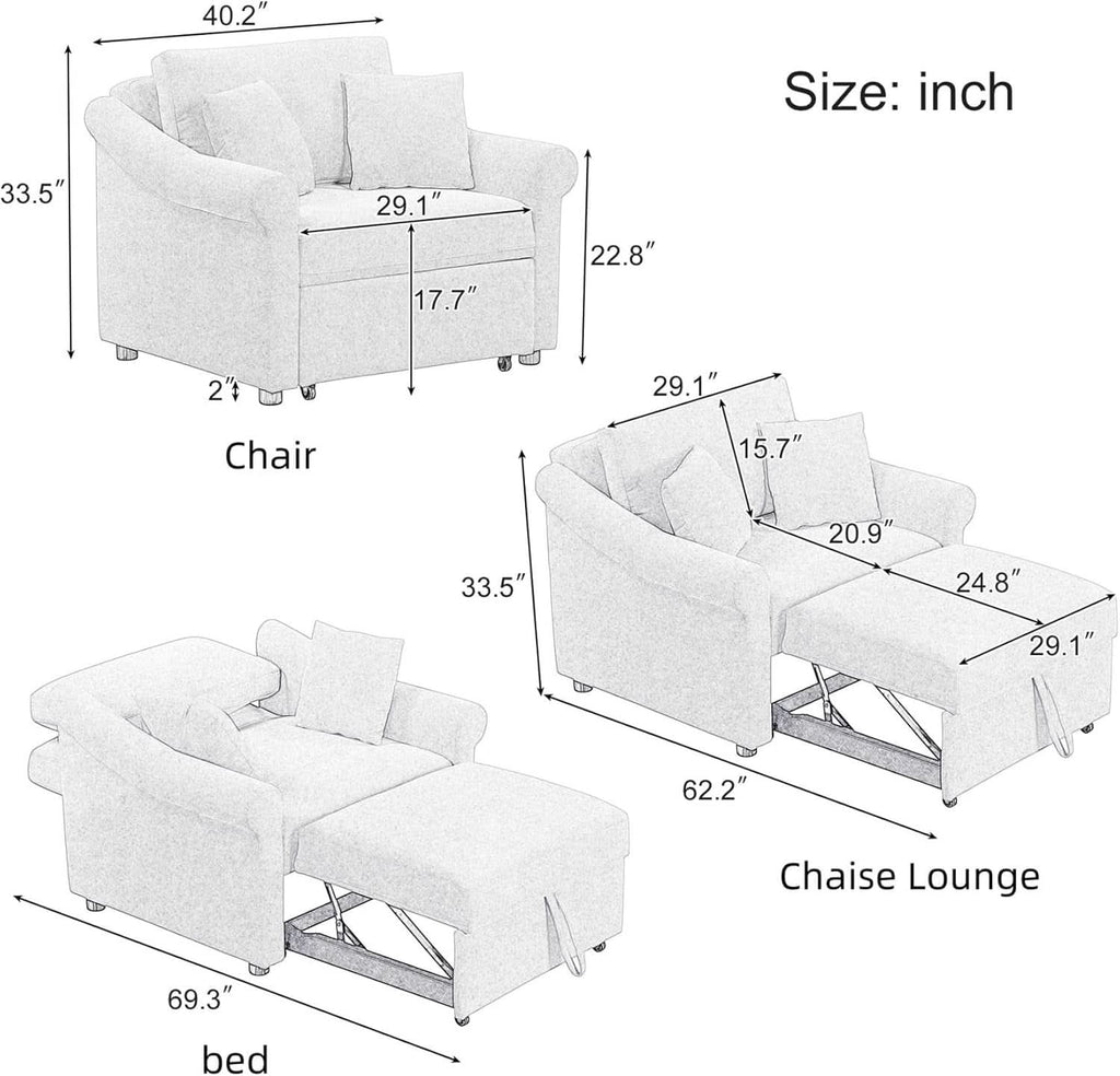 Chenille Convertible Sleeper Chair With Backrest Beige