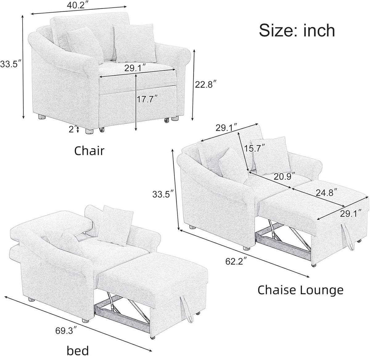 Chenille Convertible Sleeper Chair With Backrest Beige