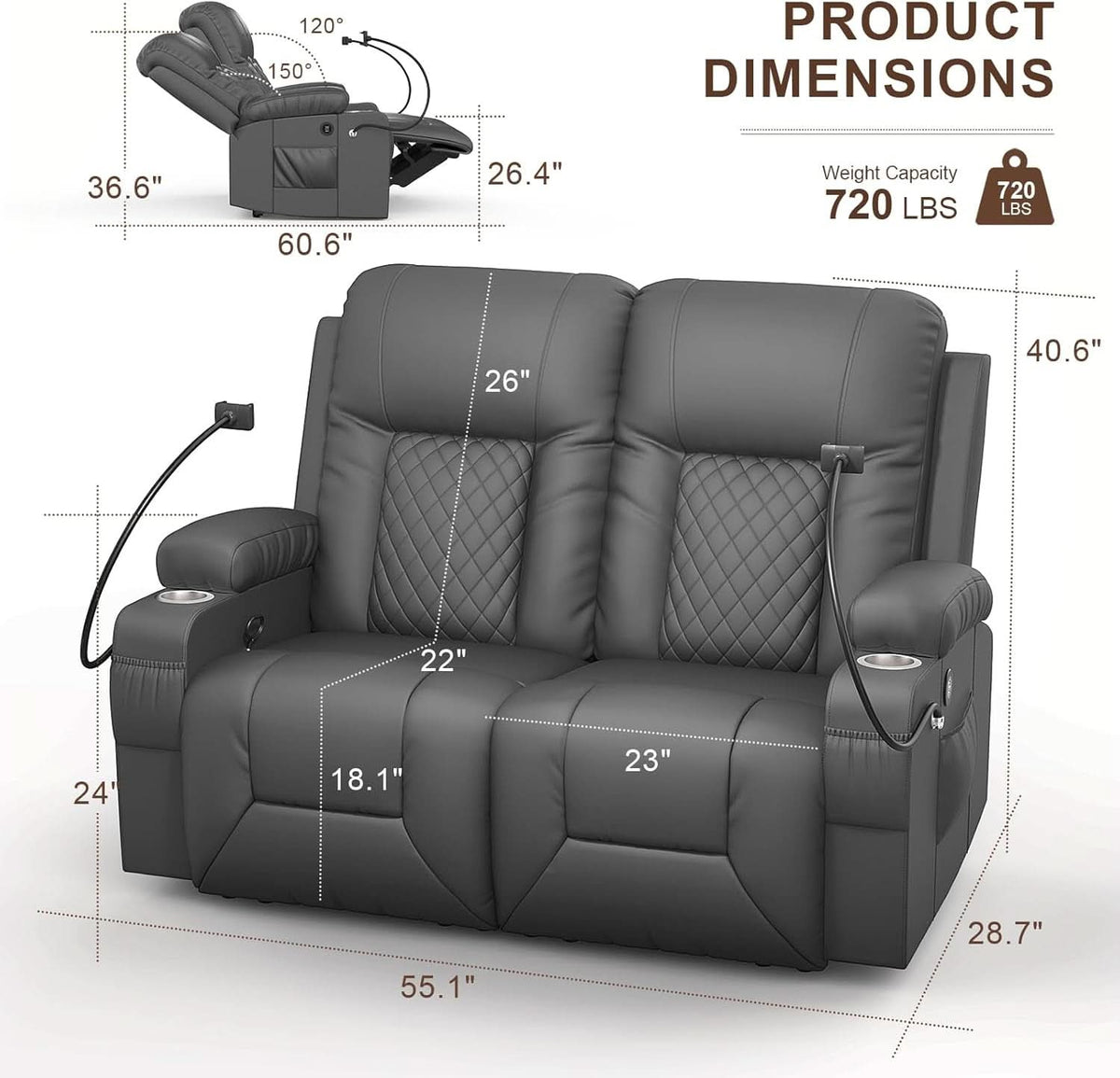 Gray PU Leather Two Seater Recliner Loveseat With USB Ports