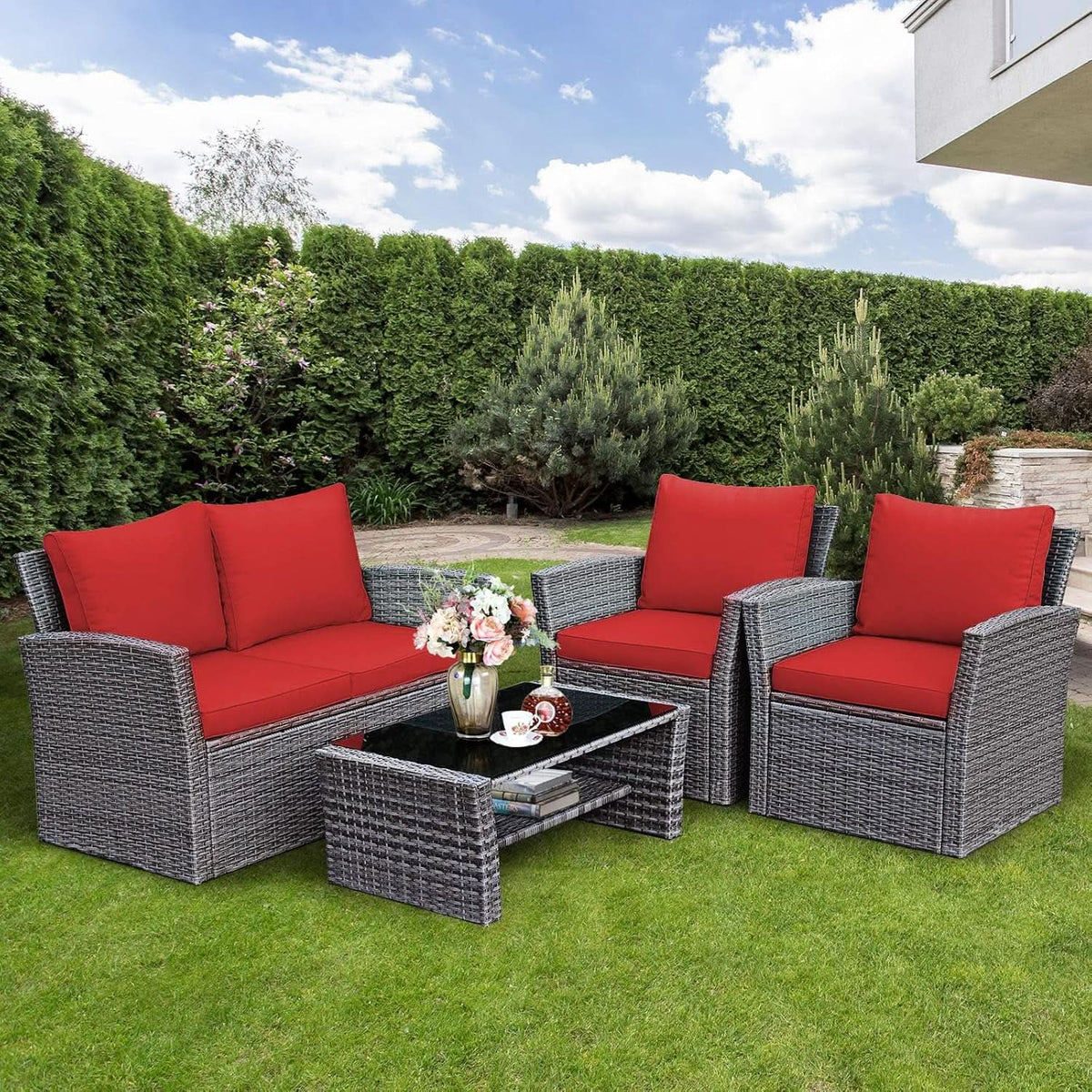 4 Piece All Weather Patio Furniture Set With Cushions And Glass Table