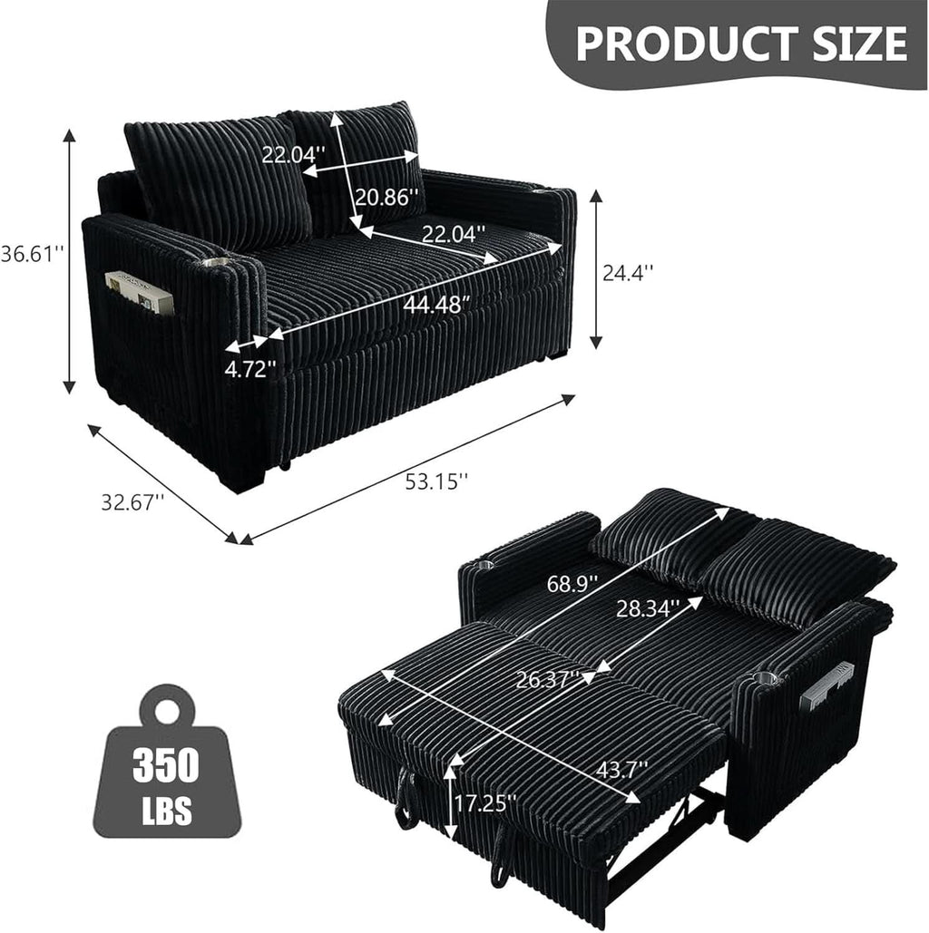 53 Inches Black Corduroy Fabric Sleeper Sofa USBPort