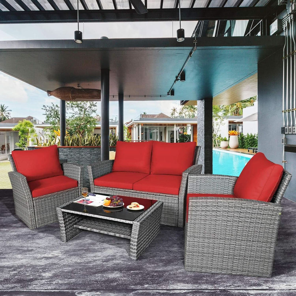 4 Piece All Weather Patio Furniture Set With Cushions And Glass Table