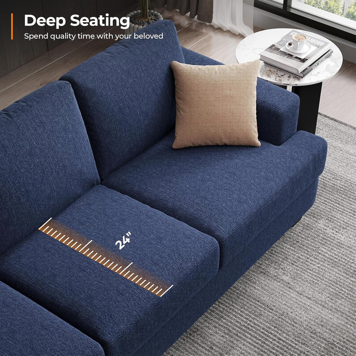 89 Inch 3-Seater Modern Navy Blue Sofa with Deep Seats