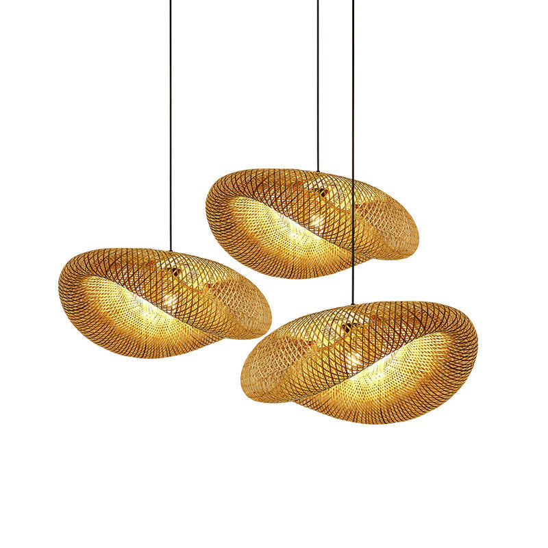 Bamboo Chandelier Japanese Style Straw Hat Shaped Hanging Lamp