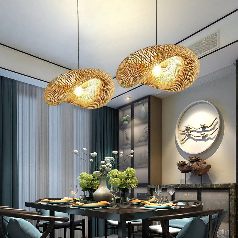 Bamboo Chandelier Japanese Style Straw Hat Shaped Hanging Lamp