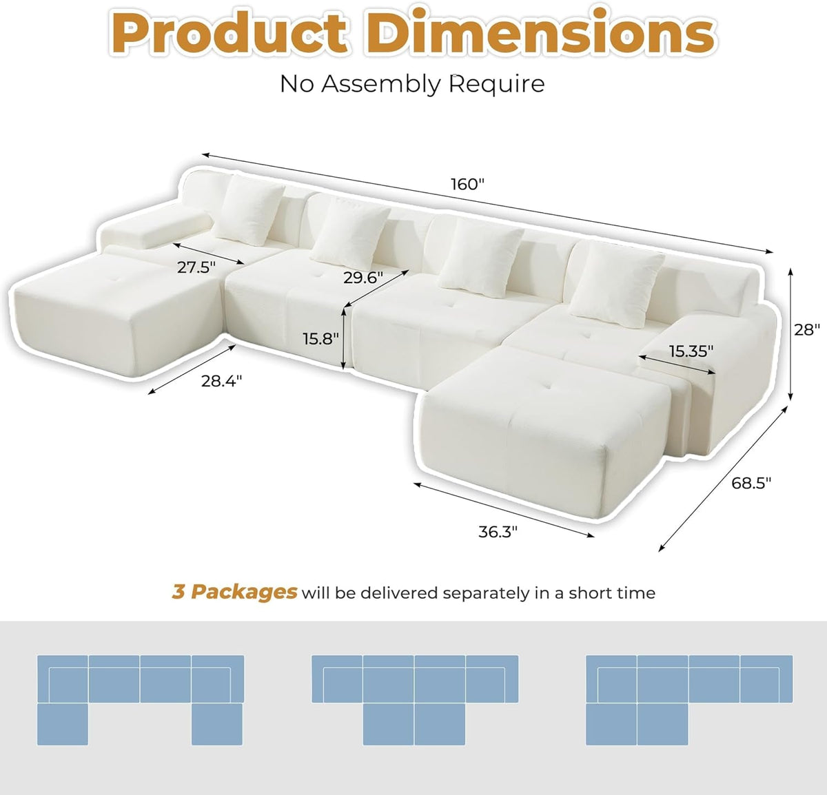 160 Inch White Corduroy Modular Sectional Sofa Set