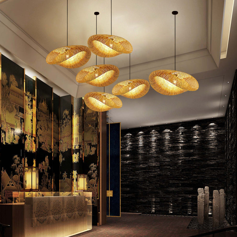 Bamboo Chandelier Japanese Style Straw Hat Shaped Hanging Lamp