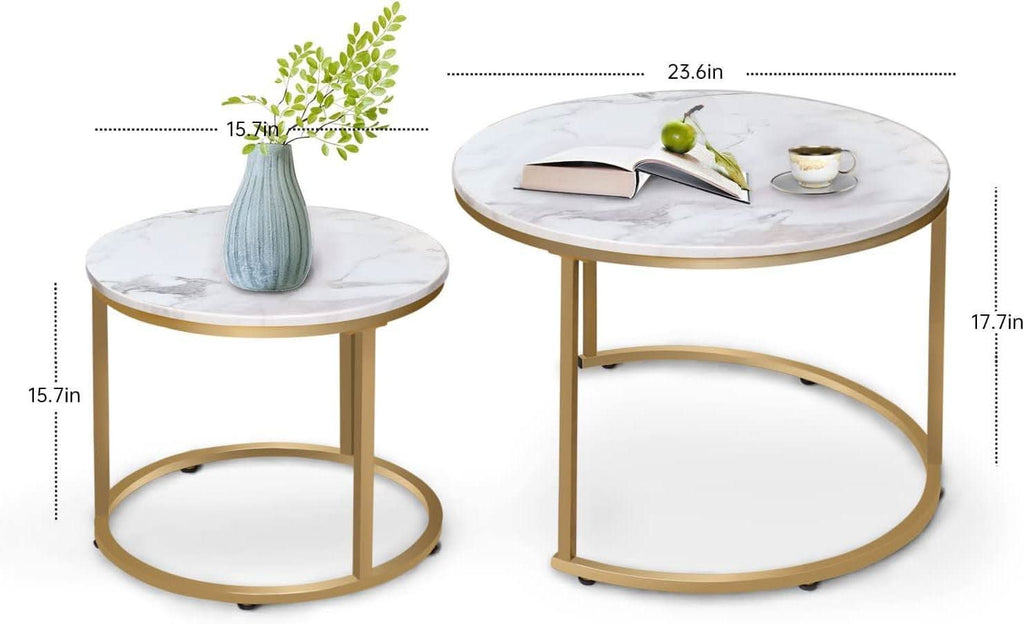 White Nesting Circular Coffee Tables Marble Pattern