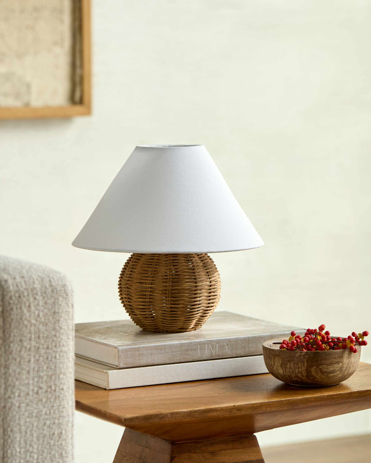 Orange Contemporary Table Lamp with rattan details for bedside or console tables