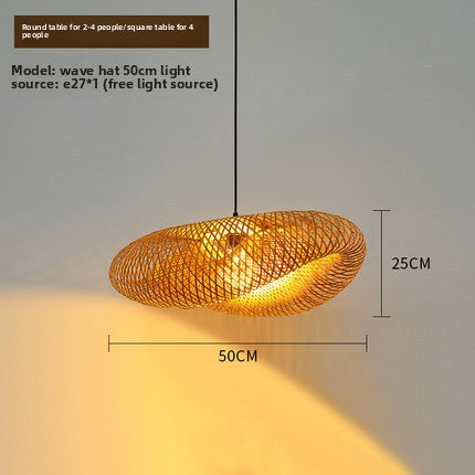 Bamboo Chandelier Japanese Style Straw Hat Shaped Hanging Lamp